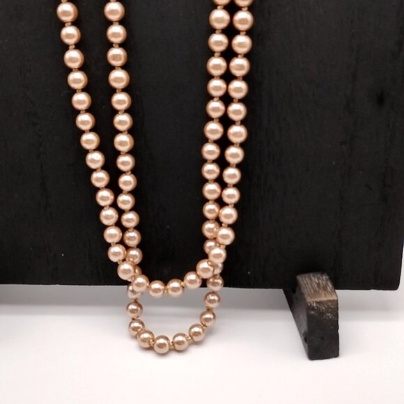 Vintage Long Champagne Faux Pearl Necklace Heavy Hand Knotted Single Strand Bead - Picture 3 of 16